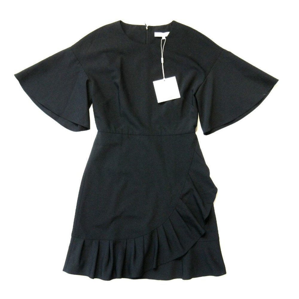 NWT Tibi Bell Sleeve Tropical Wool Mini in Black Pleated Faux Wrap Dress 00